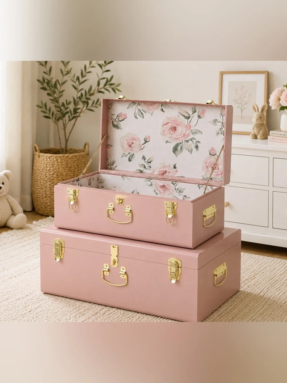 Pink Floral Metal Keepsake Trunk - Baby or Wedding